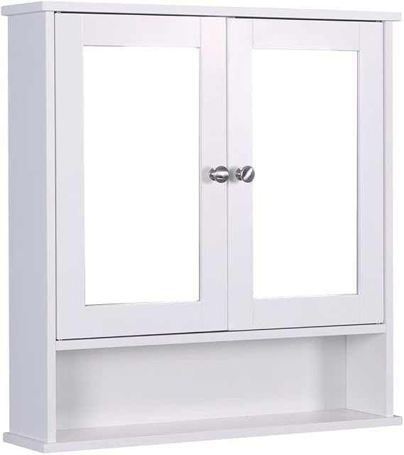 Bathroom Cabinet Wall Mounted with Double Mirror Doors, Bathroom Wall Mirror Cabinet, Wooden Hanging Cabinet with Adjustable Shelves, Medcine Cabinet Storage Organizer, Kitchen Side Cupboard, White