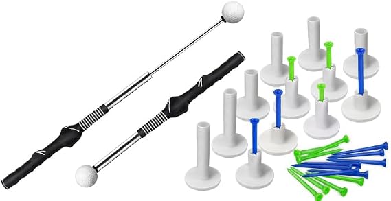 Retractable Golf Swing Training Aid and 32pc Rubber tees & Plastic Tees
