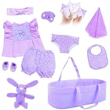 11 Pcs Baby Doll Clothes with Purple Floral Design Baby Doll Bassinet & Accessories for 16-18 Inch Baby Doll, Baby Doll Clothes Outfit Accessories Fit Reborn Baby Doll