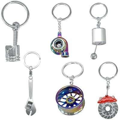6PCS Car Parts Metal Keychain Set, Rim, Brake Disc, Engine Piston, Wrench, Manual Gear Shifter, Turbo Keyring for Car Lovers