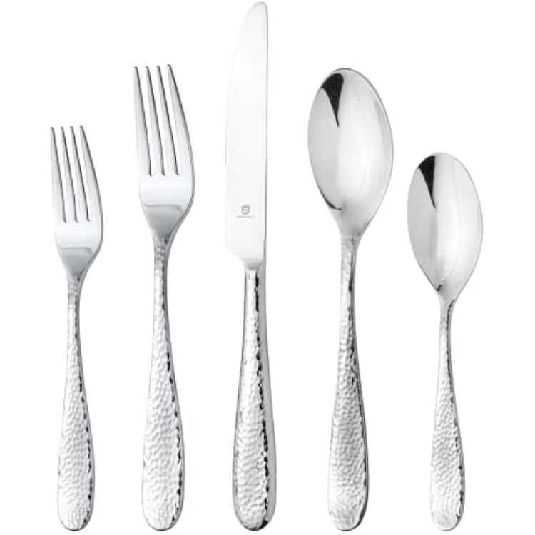 Hammered Silverware Set | Premium 1810 Stainless Steel Flatware Service for 12 | Heavy-Duty & Dishwasher Safe | Built to Last 60-Piece, Fidenza Hammered