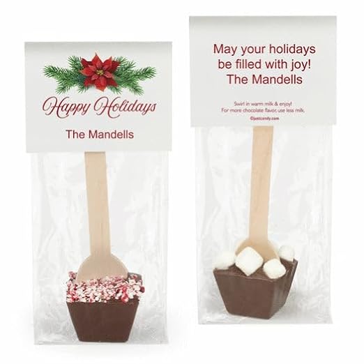 Hot Chocolate Spoons Personalized Happy Holidays Gourmet Milk Chocolate Favors (12 Pack) Christmas Favors