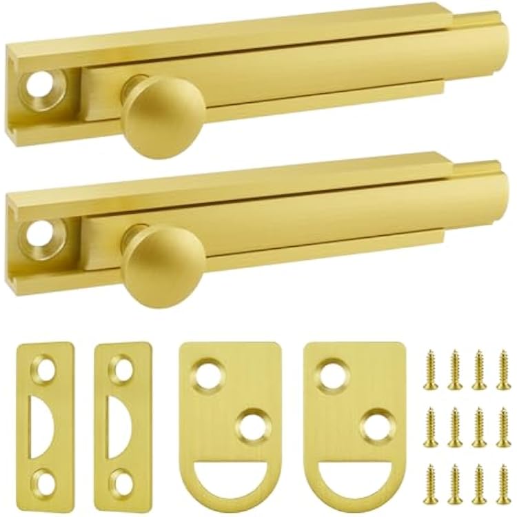 3 Inch Solid Brass Surface Bolt, 2 Sets Slide Surface Door Bolt, Heavy Duty Door Slide Bolt for Flush or Recessed Doors and Gates Brushed Gold