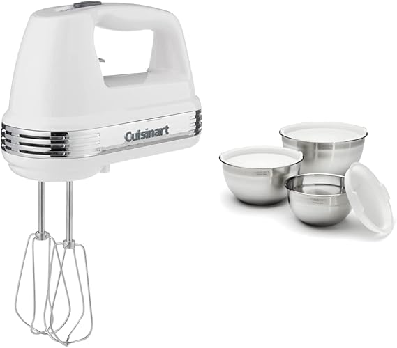Cuisinart Power Advantage 5-Speed Hand Mixer, White and Cuisinart Stainless Steel Mixing Bowls, 3-Piece Set