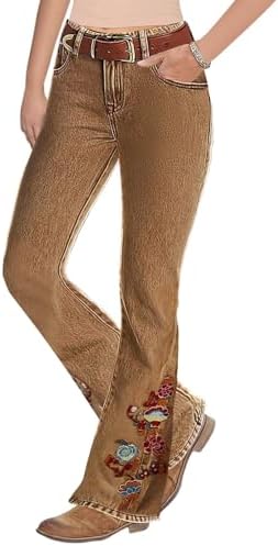 Flamingals Womens Floral Embroidery Mid Waist High Stretch Bootcut Jeans with Pockets