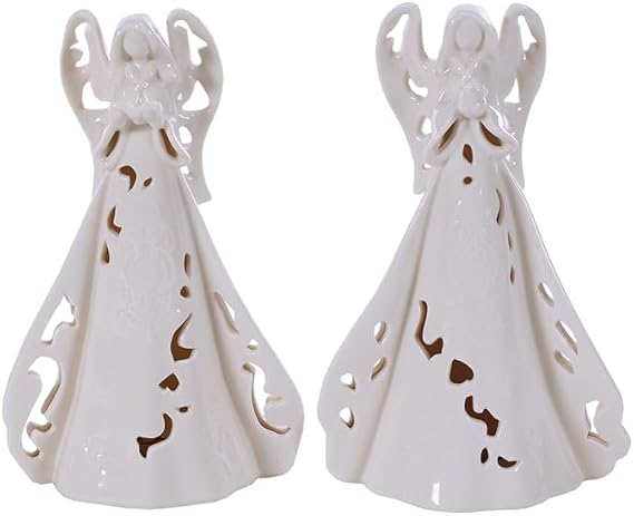 Napco Imports LED Light-Up Praying Angels 9.5 Inch Ivory Porcelain Inspirational Figurines Set of 2