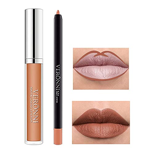 VERONNI Lipstick Lipliner Set,Liquid Matte Lipstick Set, Waterproof Lipstick and Lip Liner Pen Set, Long Lasting Lip Gloss Set For Lip Makeup #06
