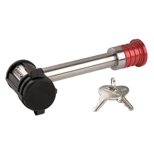 Master Lock Silver and Red Receiver Lock, Stainless Steel BarbellTM Hitch Pin Lock, Fits 58 in. Receivers, Weather Resistant Automotive Receiver Lock, 1469DAT