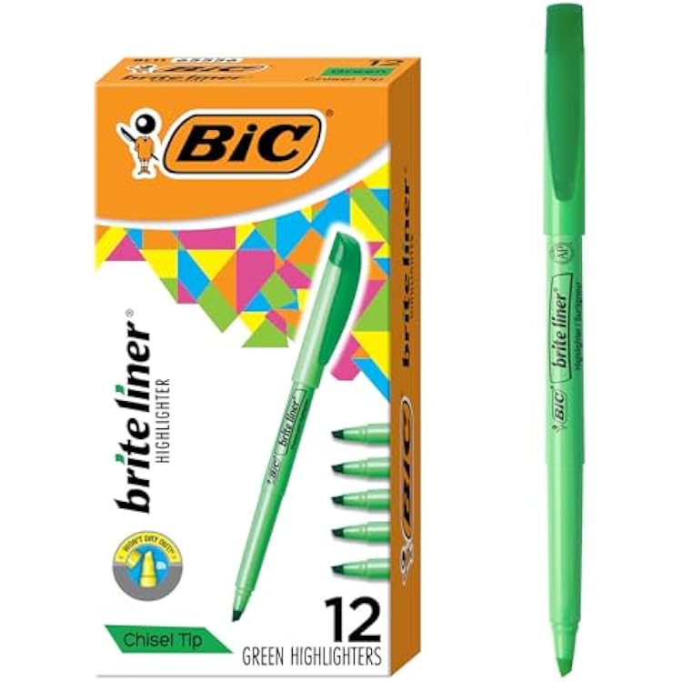 BIC Brite Liner Highlighters, Chisel Tip, 12-Count Pack of Green Highlighters, Ideal Highlighter Set for Organizing and Coloring