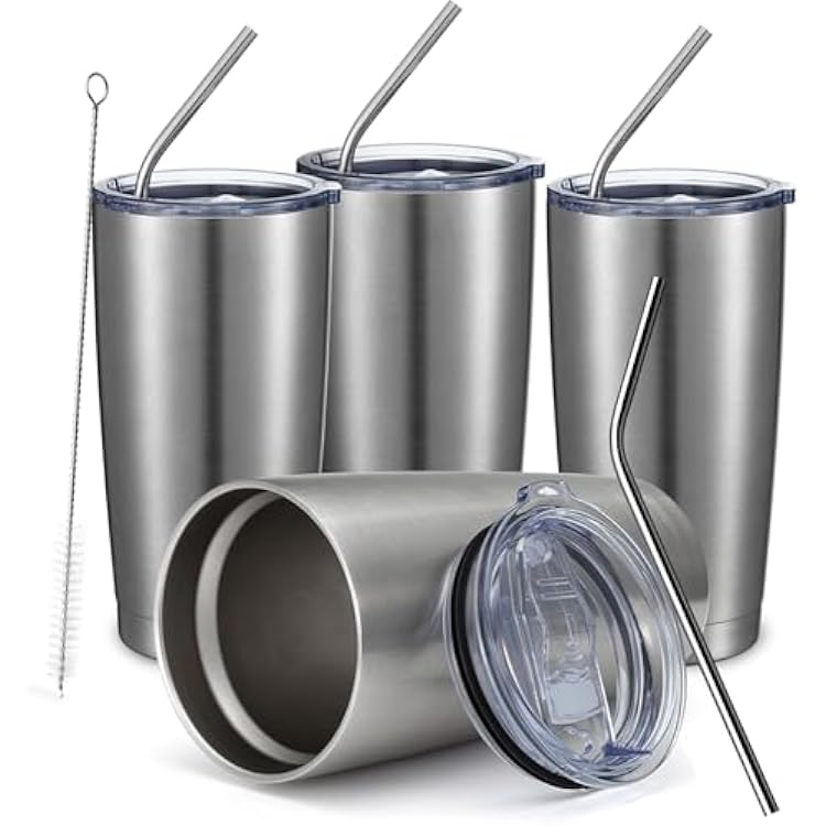 COMOOO 20oz Stainless Steel Tumbler Bulk Double Wall Vacuum Coffee Cup Insulated Travel Mug with Lid and Straw Durable Powder Coated Insulated Coffee Cup for Cold & Hot Drinks silver, 4 pack