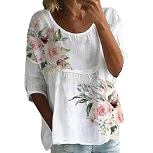 Women's Summer Boho Floral 3/4 Sleeve Tunic Top Flowy Casual Loose Cute Plus Size Pleated Blouse Shirts