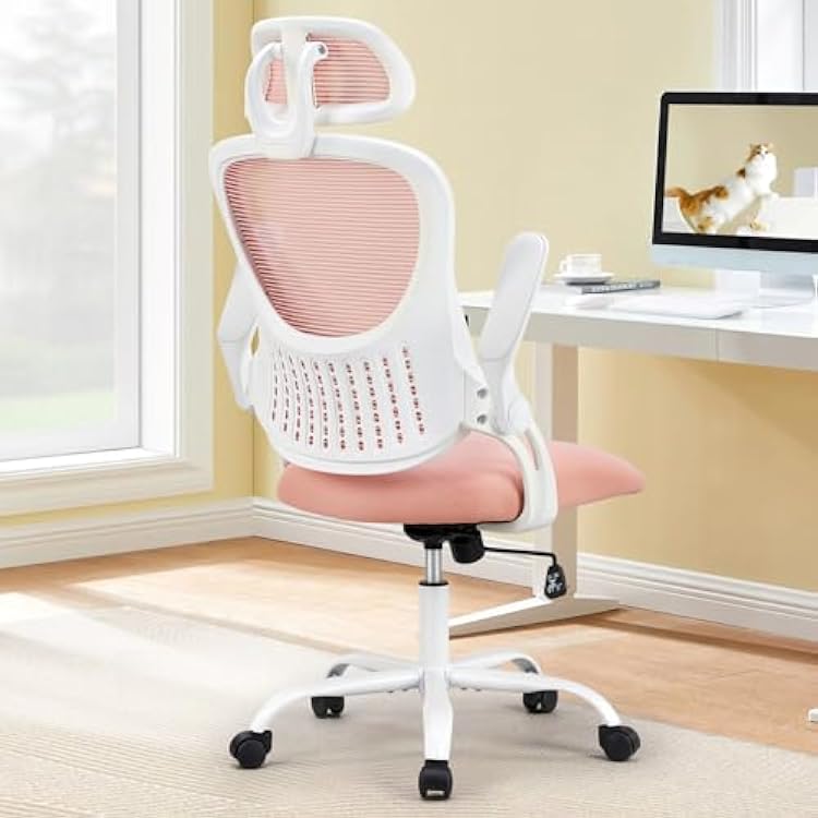 Sweetcrispy Office Computer Desk Chair, Ergonomic High-Back Mesh Rolling Work Chairs with Wheels and Adjustable Headrests, Comfortable Lumbar Support, Comfy Flip-up Arms for Home, Bedroom, Study, Pink