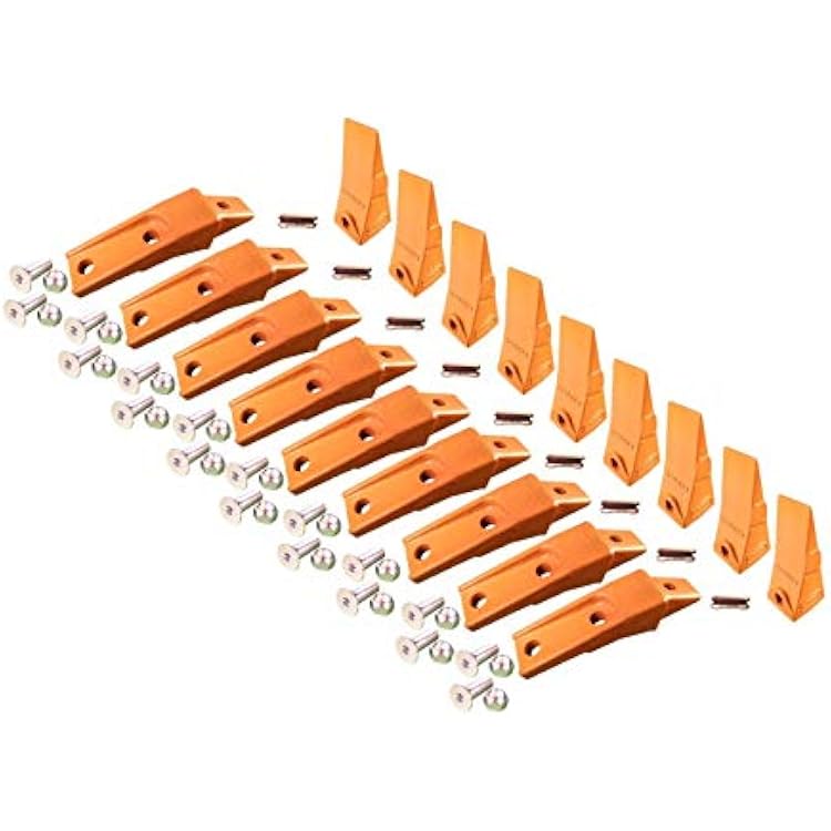 9 Bobcat Style Skid Steer, Mini Excavator Bucket Teeth 6737325, Bolt-On Flush Mount Shanks, 6737324 3 hole spacing Flex Pins, and Hardware