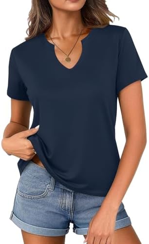 Womens V Neck Cotton T-Shirts Breathable Short Sleeve Tops Lightweight Stretch Summer Tees S-XXL