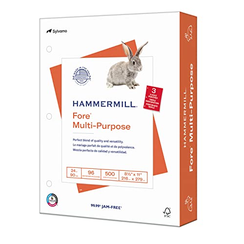 Hammermill Paper, Fore Multipurpose Paper, 8.5 x 11 Paper, Letter Size, 3 Hole, 24lb Paper, 96 Bright, 1 Ream  500 Sheets 101287R Acid Free Paper