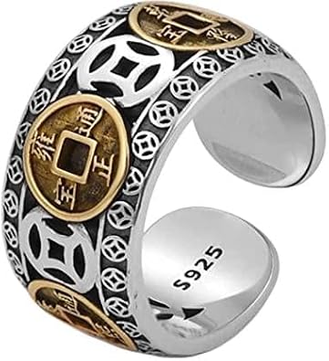 Richluck Max Force Five Emperors Coins Ring, Adjustable Ring Five Emperor Coin Open Chinese Feng Shui Coin
