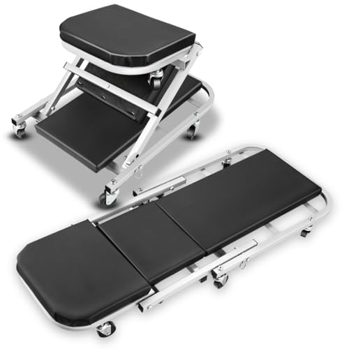 Foldable Creeper, 2-in-1 Rolling Garage Z Creeper Car & Seat, 40 Roller Mechanics Under Car Chair, 330 LBS Weight Capacity Heavy Duty, SilverBlack