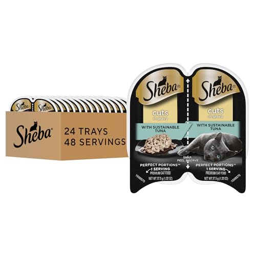 Sheba Perfect Portions Wet Cat Food Cuts in Gravy, Cat Food Wet Recipe, Sustainable Tuna Entree, 2.6 oz. Twin-Pack Trays 24 Count, 48 Servings