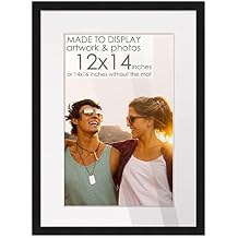 12x14 Black Wood Frame with White Mat | 14x16 Matted to 12x14 | UV Acrylic Shatter Guard, Foam Board Backing, Wall Hanging Hardware - Gallery Frame