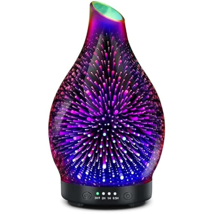 Essential Oil Diffuser 120ML -3D Firework Glass Aromatherapy Diffusers for Essential Oils with 4 Timer Setting Auto Shut-Off Silent Operation 7 Colors Lights Changing for Room, Office, Yoga