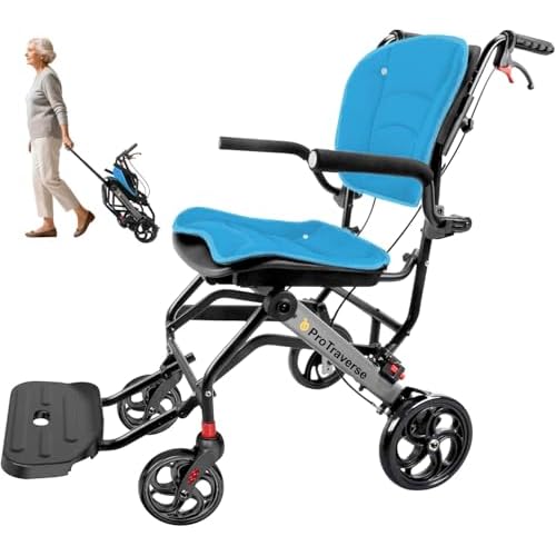 Wheelchairs for Adults,Transport Wheelchair Lightweight Foldable with Removable Cushion,Transport Chair,Ergonomic Travel Wheelchair with Telescopic Handle,Gifts for Grandpa,Blue