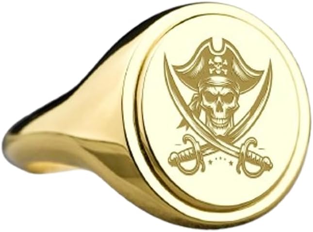 pirate skull signet ring| buccaneer jewelry| oval engraved crossed swords nautical gift| jewelry| 925 sterling silver (Ring Size US 5-12.5) gold plated |WW_PDR_00590