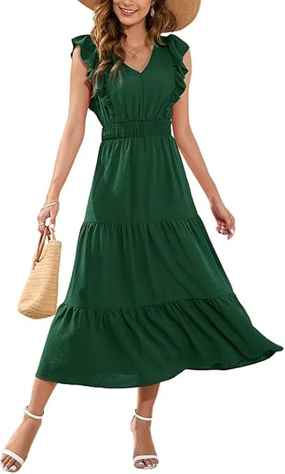 MAYFASE Summer Maxi Dress Ruffle Sleeve Elastic Waist Tiered Midi Dress | V Neck A-Line Holiday Dresses Casual Sleeveless Flowy Dress
