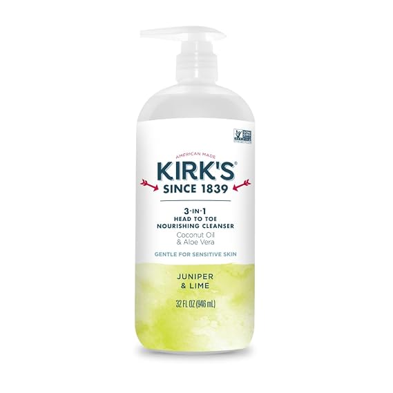 Kirk's Juniper & Lime 3-in-1 Nourishing Cleanser, Shampoo Body Wash Bubble Bath, Coconut Oil and Aloe Vera, Vegan Non-GMO, 32 Fl Oz