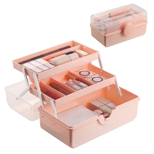 Pink Makeup Storage, Pink Tackle box for Women with Handle. Cosmetic Storage Box Organizer, Portable 3 Layers Makeup Case for Home