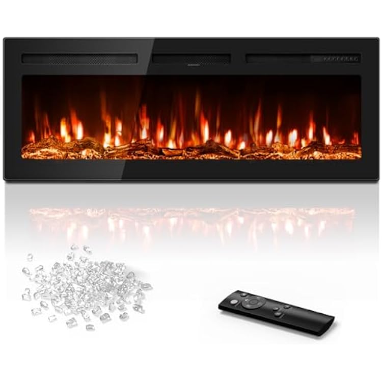 Manastin 50 inch Electric Fireplace in-Wall Recessed and Wall Mounted with Remote Control, 1500750W Fireplace Heater 60-99F Thermostat with 12 Adjustable Color, Timer, Log and Crystal