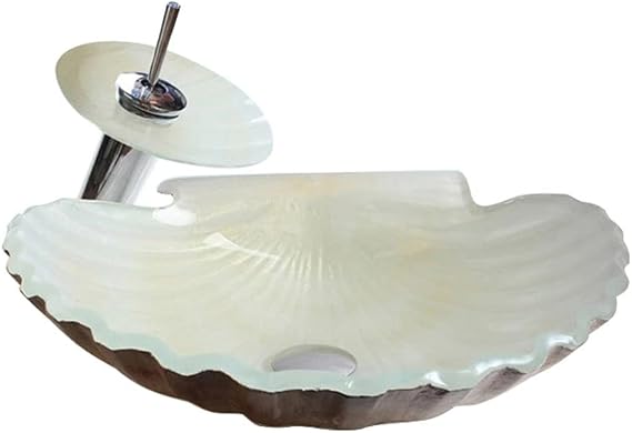 Bathroom Sink Bathroom Vessel Sink Bathroom Glass Vanity Scallop Art Countertop Vanity Tempered Glass Art Basin Bathroom Vessel Sinks(Sink Set)