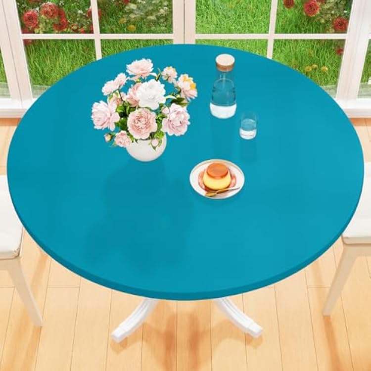 homing Round Elastic Fitted Tablecloth, Water-Resistant Fabric Tablecloths for 36-44 Tables, Washable Polyester Table Cover for Picnic, Caming, Dinner, Easter, Indoor & Outdoor, Teal