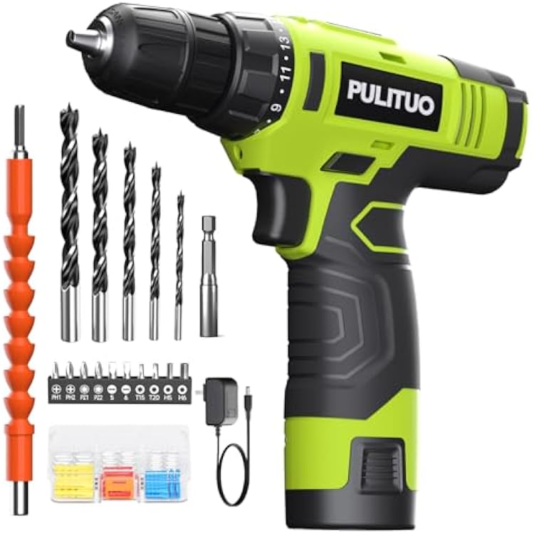 PULITUO 12V Green Cordless Drill Set Power Drill Kit with Battery and Charger,electric drill home improvement,38-Inch Keyless Chuck,Built-in LED,211 Torque Setting