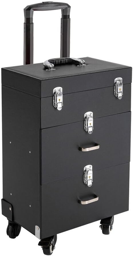 Professional 3 in 1 Rolling Makeup Case Cosmetology Case on Wheels 2 Large Drawer Nail Case Trolley Traveling Cosmetic Train Case with Makeup Pouch for Artists Nail Technician Salon Cart Trunk Black