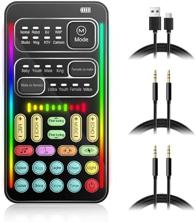 Portable Voice Changer, 8 Voice Changes Live Sound Card, Cool LED Lights Sound Board, Voice Disguiser, Modulator for for for One for PC,Phone,Laptops