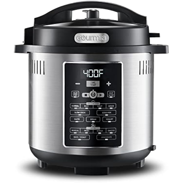 Gourmia GPA2060 One-Lid Pressure Cooker  Air Fryer With 15 One-Touch Cooking Functions - 6-Quart Nonstick Cooking Pot, Air Fry Basket, Multi-purpose Rack, Measuring Cup