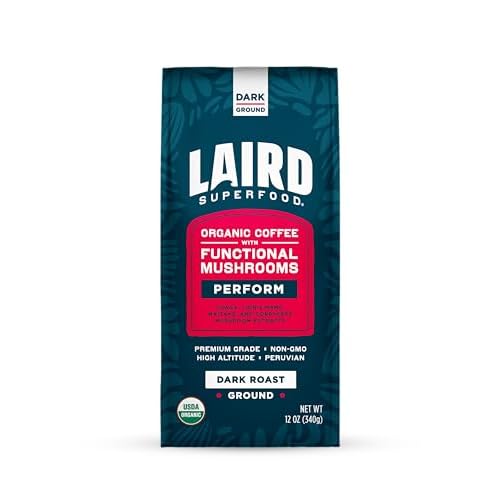 Laird Superfood Peruvian Dark Roast Coffee with Functional Mushrooms, Certified Organic Peruvian Ground Coffee Beans, Gluten-Free, Dairy-Free, Non-GMO, Paleo, Keto Friendly, 12 oz. Bag