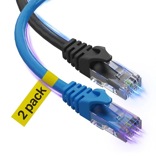 Cat 6 Ethernet Cable 12 Ft 2 Pack, Cat 6 Cable Outdoor&Indoor, High Speed 10Gbps Internet Network Cable, Cat6 Ethernet Patch Cable Long, Computer LAN Cable for Router, Modem, PS45 - Blue & Black