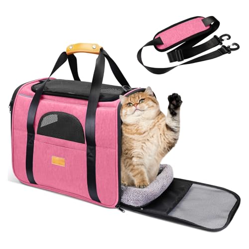 Large Dog Cat Carrier with Wheels,Foldable Rolling Pet Carrier for Cat Dog Under 18 lbs,Breathable Cat Carrier Travel Bag with Telescopic Handle and Mesh Pocket for Outdoor Walking Travel