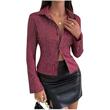SweatyRocks Women's Striped Collar Long Sleeve Slim Fit Button Down Shirts Work Blouse