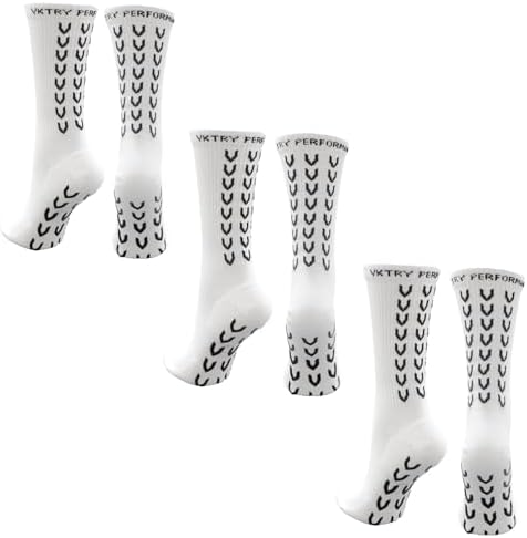 VKTRY Athletic Grip Socks - Anti Slip Sport Mid Calf - For Cleats & Sneakers | Soccer, Football, Basketball, Yoga & More, 3pk