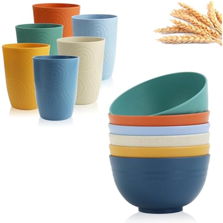 26 OZ Wheat Straw Bowls and 16 OZ Cups Set of 12, Lightweight & Unbreakable, Microwave Safe Cereal Bowls Drinking Cups Multicolor