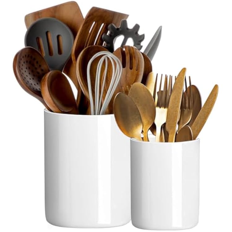Utensil Holder, 6.34.7 Ceramic Kitchen Utensil Holder for Countertop, Large Cooking Utensil Crocks for Kitchen Counter Decor, Morden Utensil Organizer for Spatula, Set of 2, White