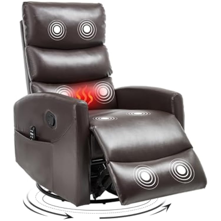 Swivel Rocker Recliner Chair, 360 Swivel Recliner with Heat and Massage, Rocker Recliner Easy to Clean Leathery Nursery Glider Recliner Chair with Side Pockets for Living Room Brown