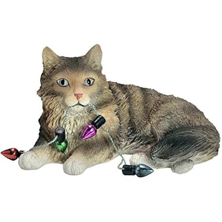 Sandicast Brown Tabby Maine Coon Cat with Holiday Lights Christmas Ornament, Multi Color XSO33901