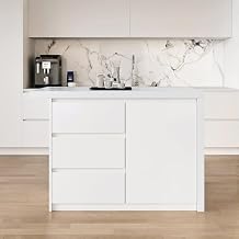 homary Kitchen Island with Storage, White Laminate Cabinet with Engineered Wood Countertop in Marble-Effect Finish, Drawers & Shelves, 50" Compact Kitchen Prep Station