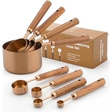 Gold Measuring Cups and Spoons Set, 8 Piece Premium Stainless Steel Measuring Cups with Wood Handles for Baking Supplies in the Kitchen (Bronze)