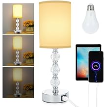 Lixada Bedside Table Lamp Luxury Crystal Touch Lamp Bedroom with 3 Way Dimmable Lamp with 3000K Warm Light Bulb Fabric Lampshade Desk Lamp with USB C+A Charging Port/AC Outlet for Living Room