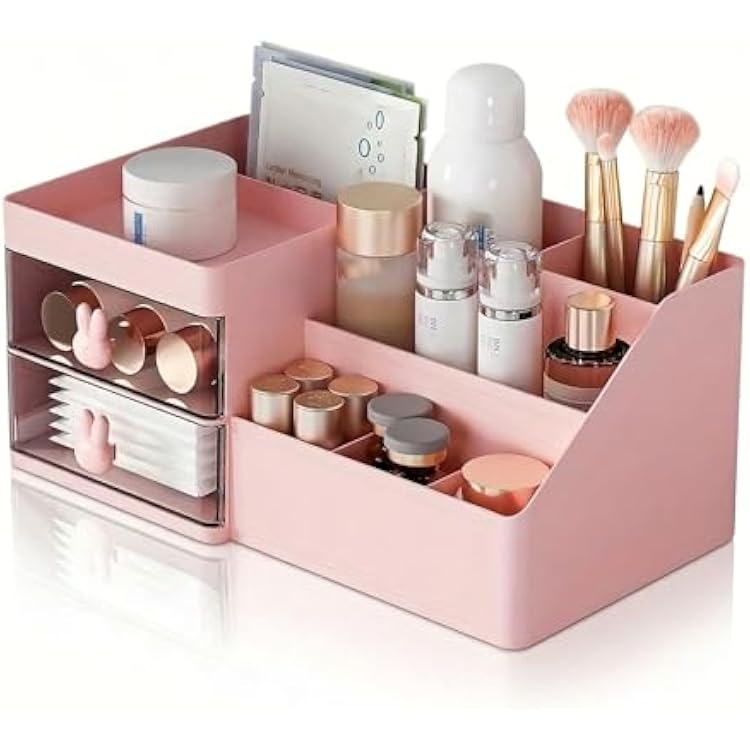 Makeup Organizer With 2 Drawers, Countertop Organizer For Vanity, Bathroom Organizers And Storage, Bathroom And Bedroom Desk Cosmetics Organizer For Skin Care, Brushes, Eyeshadow, Lotions Pink