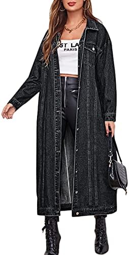 chouyatou Womens Fashion Spring Button Down Midi Long Denim Jean Jacket Trench Coat